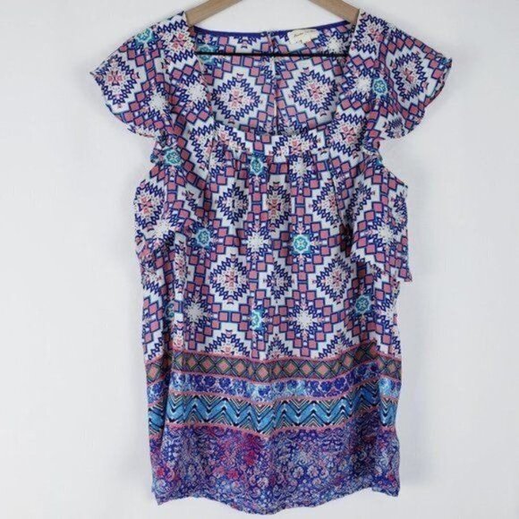 Anthropologie Meadow Rue‎ Flutter Sleeve Blouse Geometric Colorful Boho Print 6 - Picture 1 of 14